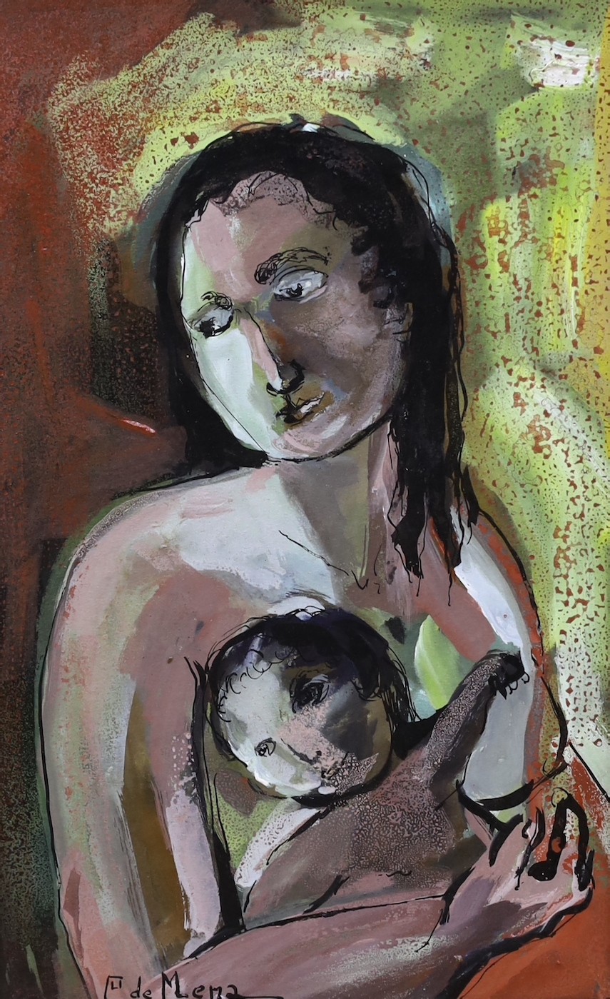 Margarita de Mena, mixed media on card, Mother and child, signed, 38 x 23cm